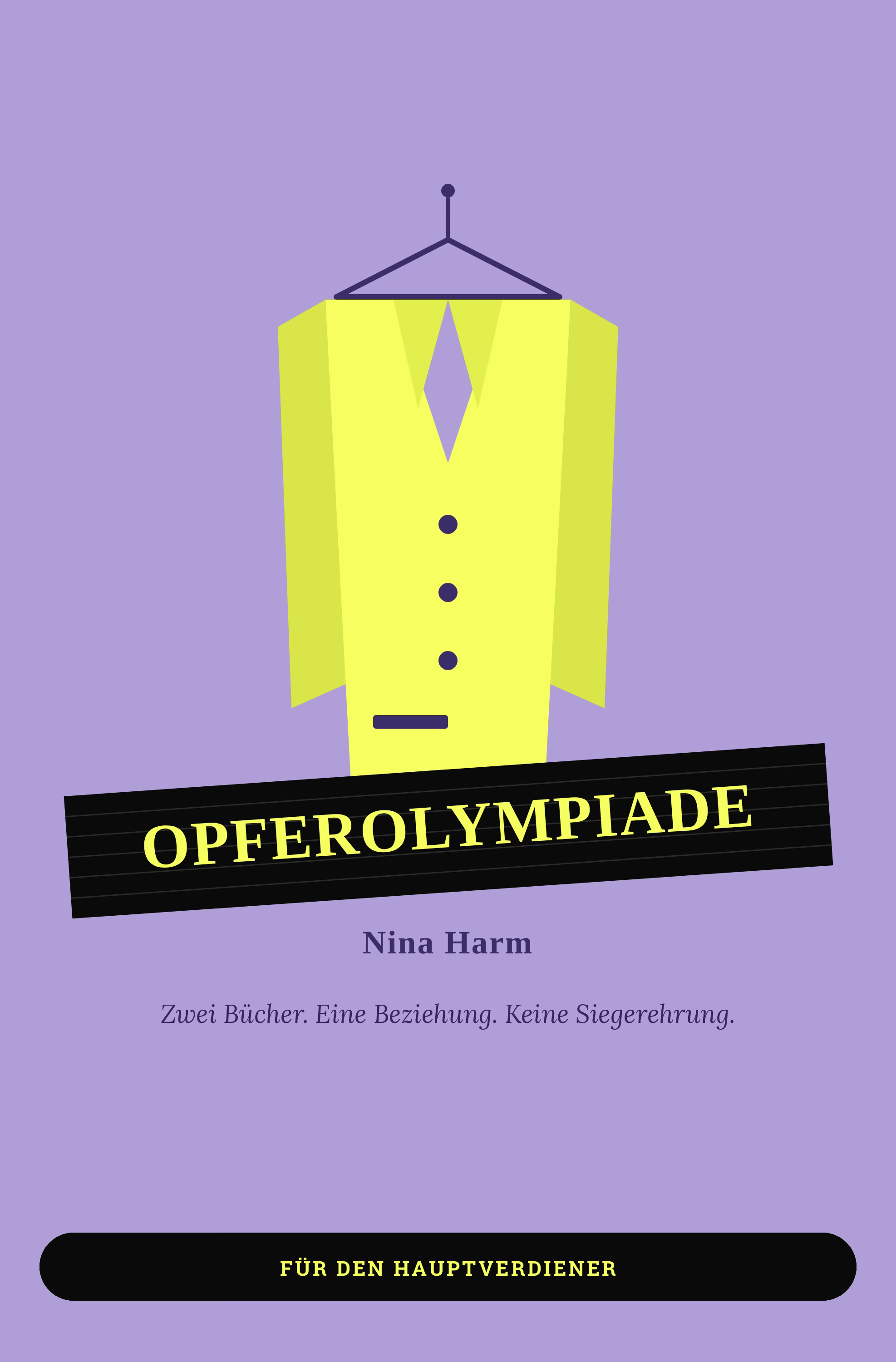 Cover „Opferolympiade“ – Sarahs Buch, Ausgabe für den Hauptverdiener, lila-gelbe Illustration mit Blazer am Bügel